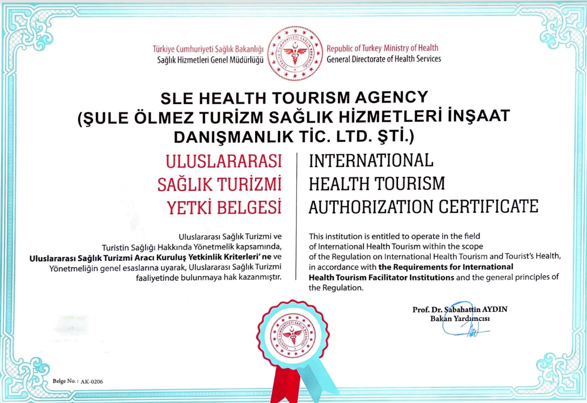 T.C. Sağlık Bakanlığı Uluslararası Sağlık Turizmi Yetki Belgesi — SLE Health Tourism Agency, Belge No: AK-0206
